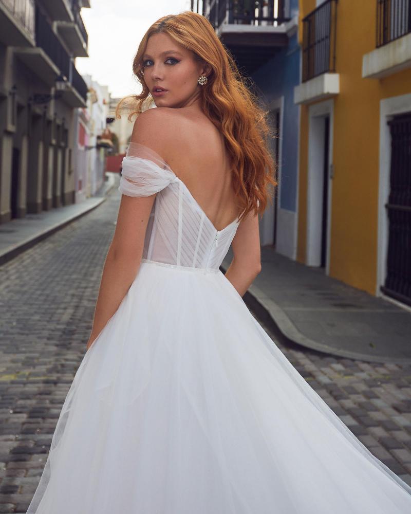 La23107 simple off the shoulder wedding dress with pockets and a line silhouette2